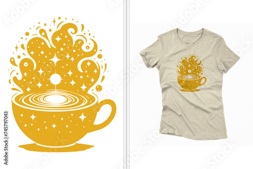 teacup overflowing with galaxies t-shirt design and vector artwork