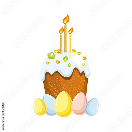 vector illustration of Easter theme, colorful Easter cake with icing, candied fruits and light candle, different pastel color Easter eggs isolated on white background