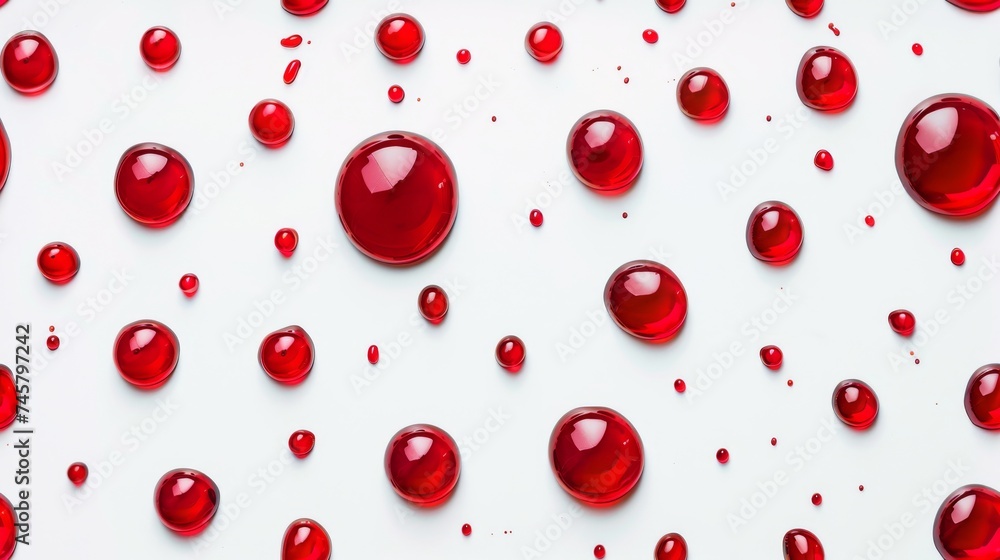 Red Liquid Droplets on White Background, Artistic display of red liquid droplets of various sizes, creating a striking visual pattern on a pure white background, seamless pattern Red Liquid Droplets on White Background, Artistic display of red liquid droplets of various sizes, creating a striking visual pattern on a pure white background, seamless pattern