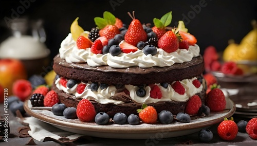 A decadent chocolate cake with swirls of whipped cream and a colorful array of fresh fruits on top, ready to be devoured.