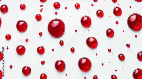 Red Liquid Droplets on White Background, Artistic display of red liquid droplets of various sizes, creating a striking visual pattern on a pure white background, seamless pattern