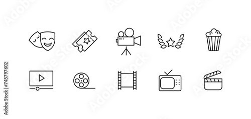 Outline cinema buttons. Icons of ticket, camera, star, popcorn, play button, movie strip, TV, button design for cinematography. Vector icons