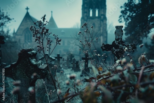 A moody and atmospheric scene of weathered tombstones in an old cemetery, with emphasis on age and textures