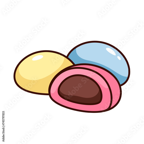 Groovy sticker, cartoon mochi cakes of different colors. Funny retro three rice buns with cream, traditional Japanese cartoon sweet dessert and food label of 70s 80s style vector illustration