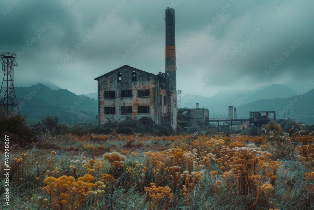 Naklejka premium A moody scene of an abandoned industrial building surrounded by wildflowers under a gloomy sky.