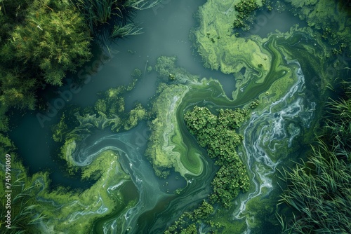Aerial view of vibrant algae blooms in a water body, capturing the natural patterns and colors