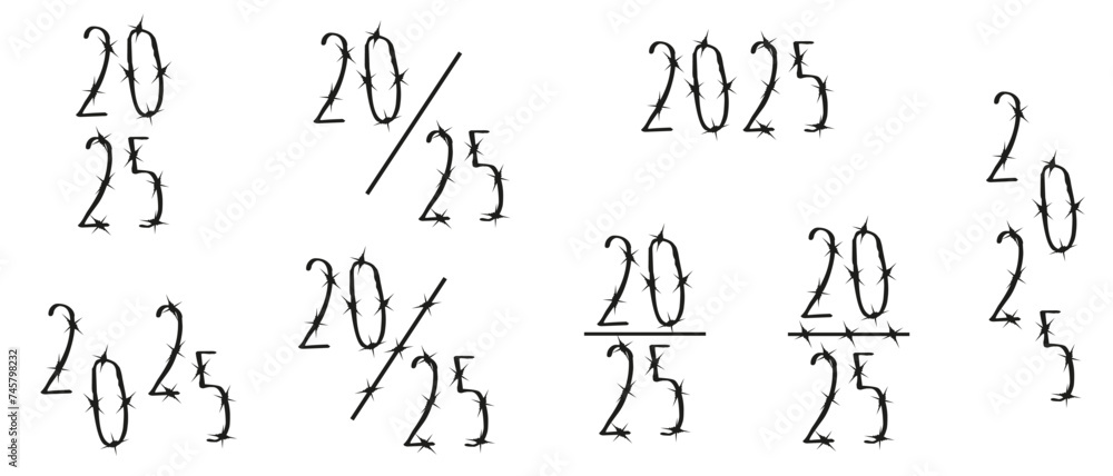 Vector 2025 number set. Razor Wire New Year numbers collection isolated white background. Brutal design 2025. Vector illustration can used web social media design card cover. EPS 10 Vector 2025 number set. Razor Wire New Year numbers collection isolated white background. Brutal design 2025. Vector illustration can used web social media design card cover. EPS 10