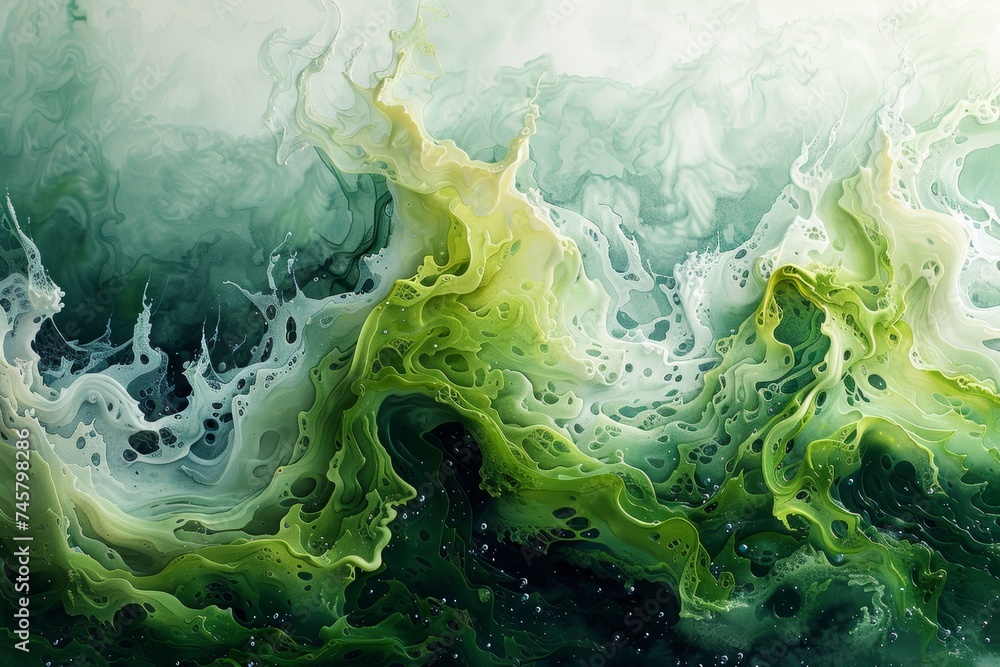 Artistic interpretation of algae blooms on a water surface, with a focus on color contrasts