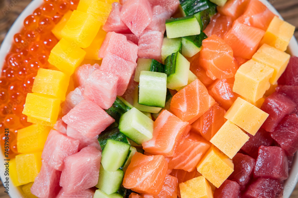 Sashimi with salmon, tuna, cucumber and red caviar Sashimi with salmon, tuna, cucumber and red caviar