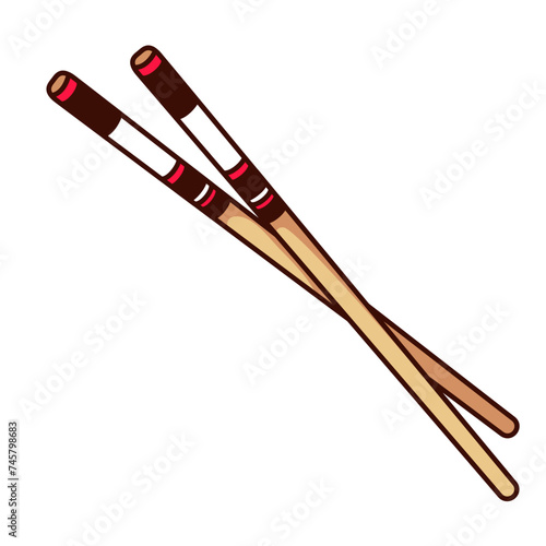 Groovy cartoon chopsticks for Asian food eating. Funny retro wooden sticks with stripe pattern decoration, cartoon traditional two bamboo chopsticks and sticker of 70s 80s style vector illustration