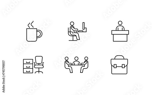 Linear icons set. Cup with coffee, man at the computer, man at the podium, chair and table, conference, backpack icons for design. Vector icons