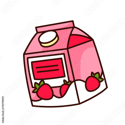 Groovy strawberry milk pack cartoon sticker. Funny retro yogurt cute pink package, fruit juice or milk in box with cap, cartoon Asian drink and food badge of 70s 80s style vector illustration
