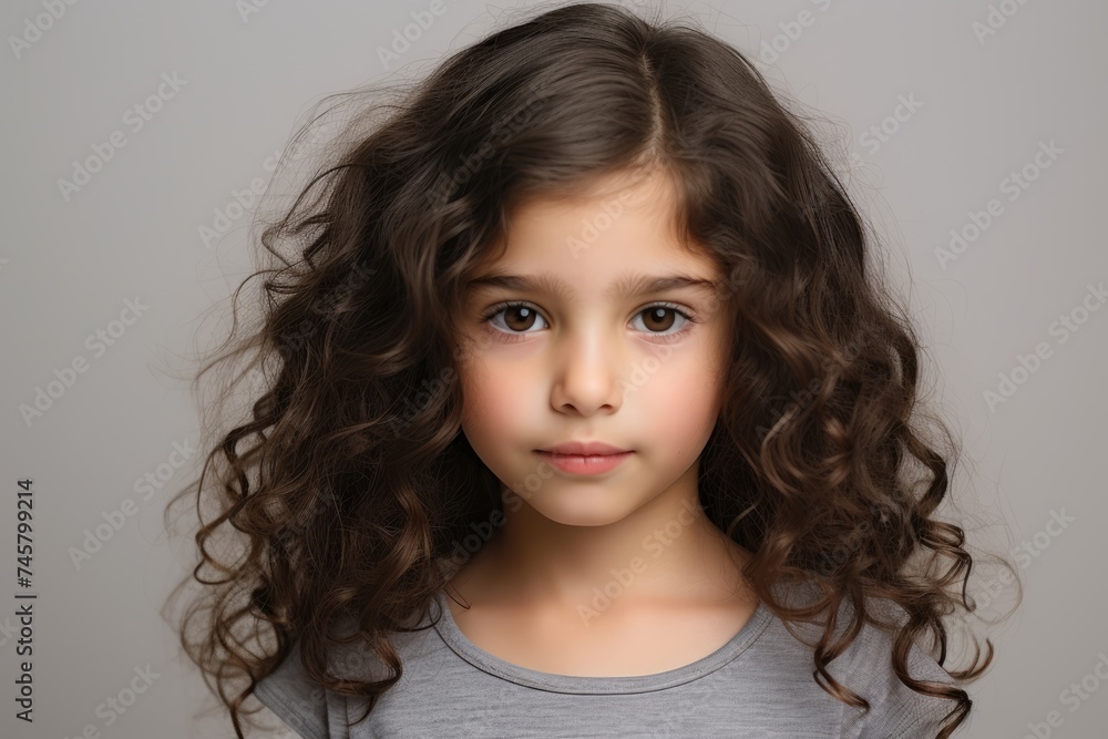 Portrait of a cute little girl with long curly hair on a gray background Portrait of a cute little girl with long curly hair on a gray background