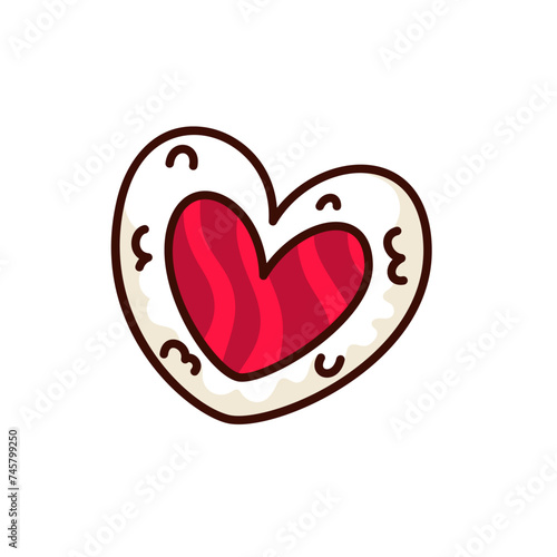 Groovy cartoon sticker of heart cookie with red jam. Funny retro Valentines day and love mascot, cartoon Japanese food and shortbread cake decorative heart, badge of 70s 80s style vector illustration