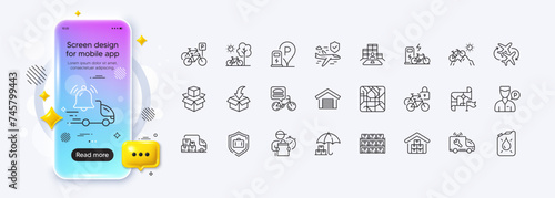 Parking garage, Canister and Packing boxes line icons for web app. Pictogram icon. Phone mockup gradient screen. Vector