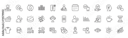 Person talk, Refill water and Medical tablet line icons. For web app, printing. Line icons. Vector