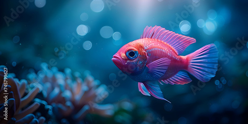  a fish with bright orange and blue colors. A close up of a colorful fish with a black background  © Mustafa