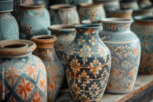 Close-up of the intricate patterns and textures on ancient pottery pieces, emphasizing their artistic and historical value