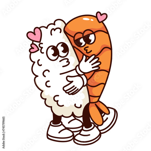 Groovy couple of shrimp and rice cartoon characters hug with kiss and hearts. Funny retro romantic shrimp sushi with love, Japanese food mascot, cartoon sticker of 70s 80s style vector illustration