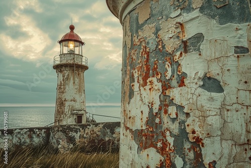 Close-up of the weathered texture and intricate details of an old lighthouse, emphasizing its history and architectural beauty