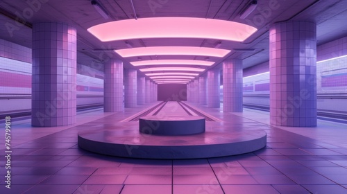 Futuristic Neon-Lit Underground Metro Station, A modern underground metro station bathed in pink and purple neon lighting, showcasing contemporary urban design.