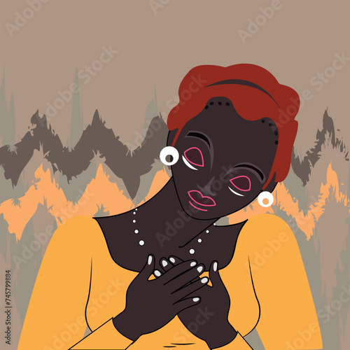 Color cartoon portrait of an African American woman in a relaxed state with her arms crossed on her chest. Vector EPS 10