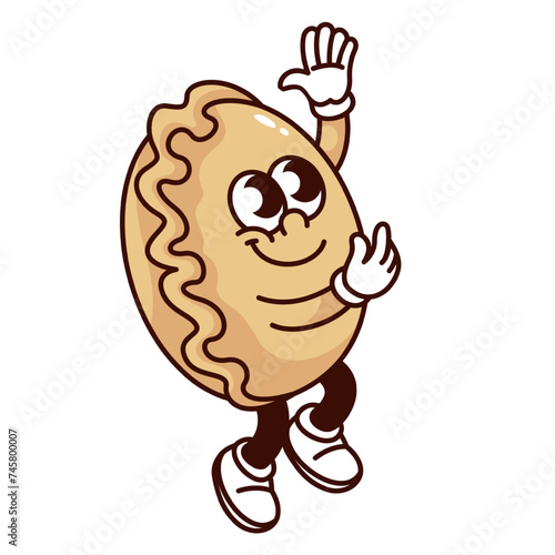 Groovy jiaozi dumpling cartoon character with happy jump. Funny retro steamed dumpling with smile jumping, comic Chinese food mascot, cartoon emoji and sticker of 70s 80s style vector illustration