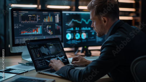 businessman sitting at desk working on his laptop, business person or data analyst looking at business statics, growth analysis, business concept, typing hands photo