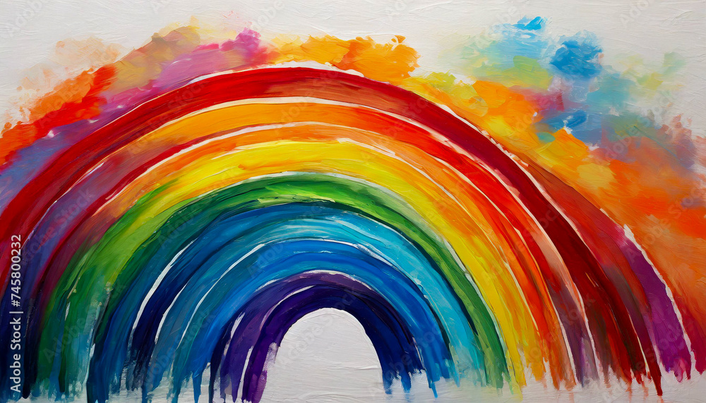 Obraz premium Oil painting of a rainbow. Depicting a beautiful rainbow with red, orange, yellow, green, blue, and purple hues. Artwork capturing the vibrant spectrum of colors.