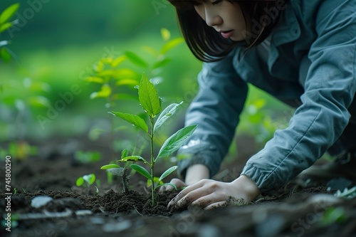 A young woman plants a tree