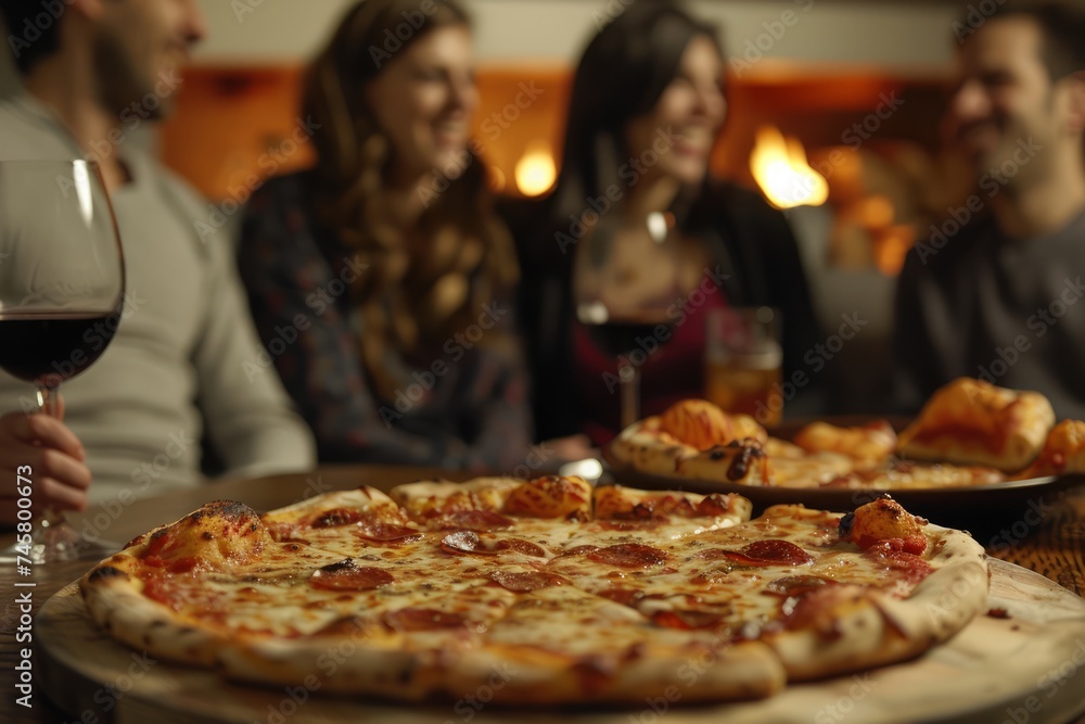 Friends Enjoying Delicious Pepperoni Pizza with Glasses of Red Wine in a Cozy Restaurant Setting