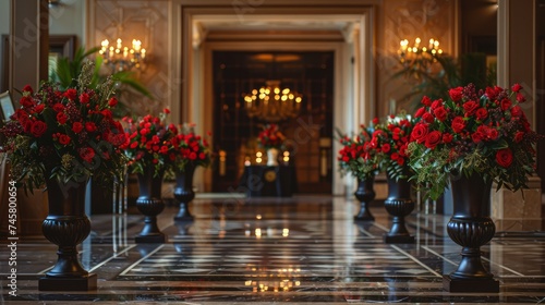 Elegant Interior with Red Roses in Luxurious Vases on Polished Marble Flooring - Floral Decor in Upscale Venue