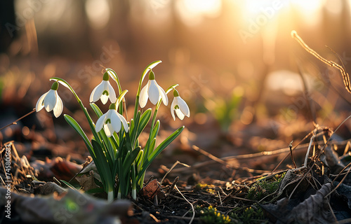 A snowdrop bush bloomed, flowers on the sunlit edge of the forest. The concept of spring and the awakening of nature. The bokeh effect in the background.