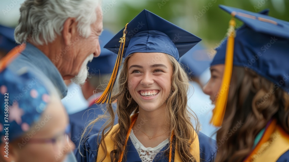 Smiling Young Woman in Graduation Cap and Gown Celebrating Achievement with Family Outside