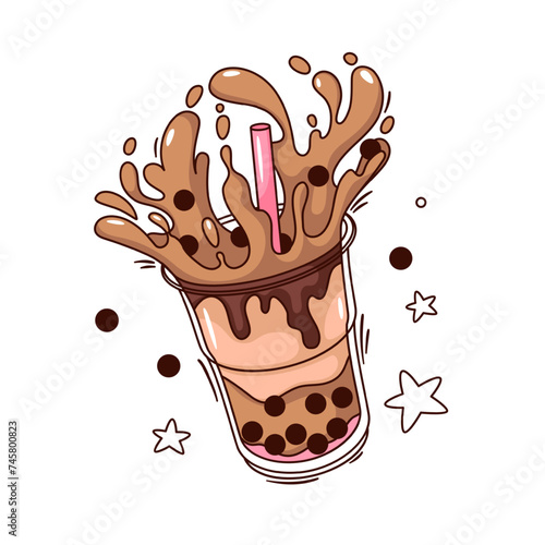 Chocolate bubble tea with pearls cartoon sticker. Funny retro cup with straw, splash of pouring coffee and milk, cartoon Asian tea or milkshake beverage patch in 70s 80s style vector illustration