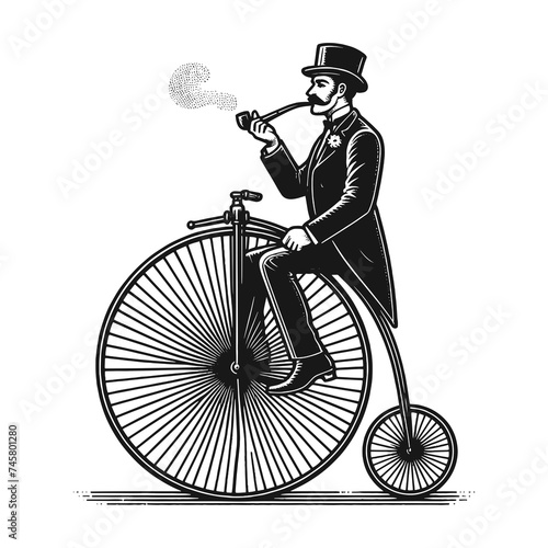 old fashioned gentleman ride high wheel vintage penny farthing bicycle sketch engraving generative ai fictional character raster illustration. Scratch board imitation. Black and white image.