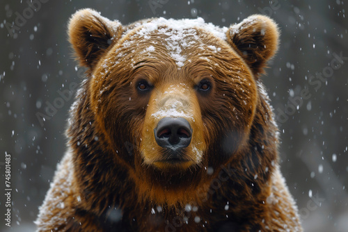 A visually captivating portrait of a brown bear as delicate snowflakes settle on its fur, portraying a serene moment in nature