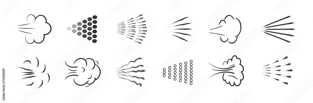 Big set of icons spray. Illustration of spraying deodorant. Spray water, perfume, paint or deodorant isolated on light background. Effect spraying, direction liquids. Vector illustration