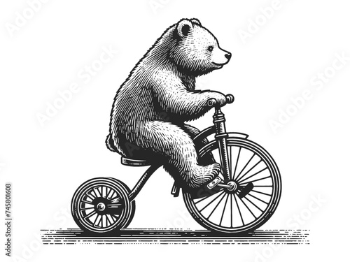 circus bear rides bicycle sketch engraving generative ai fictional character vector illustration. Scratch board imitation. Black and white image.