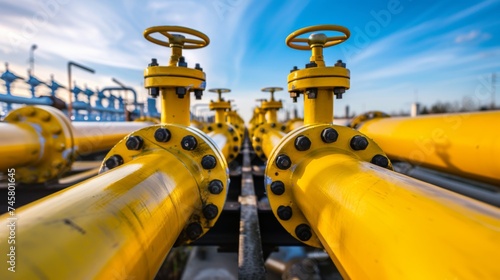 Industrial Yellow Gas Pipeline Against Blue Sky, Vivid yellow gas pipelines with valves and fittings, installed outdoors against a clear blue sky with light cloud cover. photo