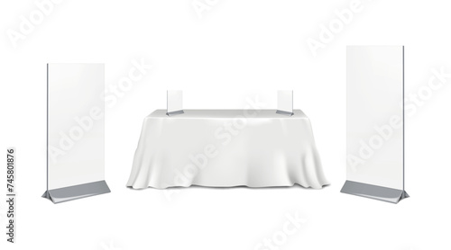 Exhibition set template. Table covered with white tablecloth with blank floor and countertop pop banner stands mockup. Trade show booth kit. Vector mock-up