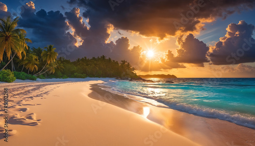 A breathtaking view of a tropical paradise at sunset with palm trees and a sandy beach