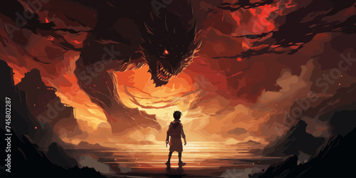 a boy with a sword fighting an evil giant, digital art style, illustration painting