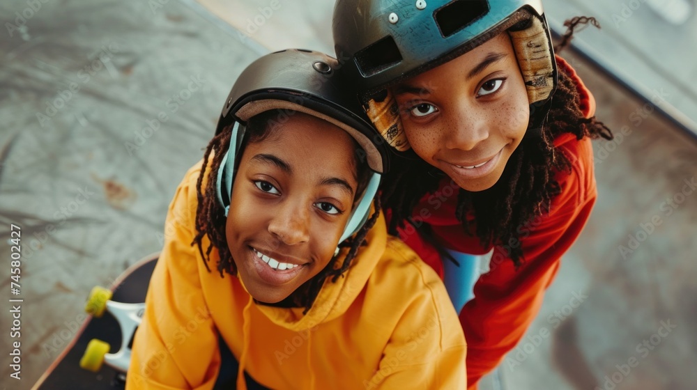 Two young girls wearing helmets smiling at the camera one on a skateboard the other standing both dressed in casual sportswear suggesting a fun and active outdoor activity. Two young girls wearing helmets smiling at the camera one on a skateboard the other standing both dressed in casual sportswear suggesting a fun and active outdoor activity.