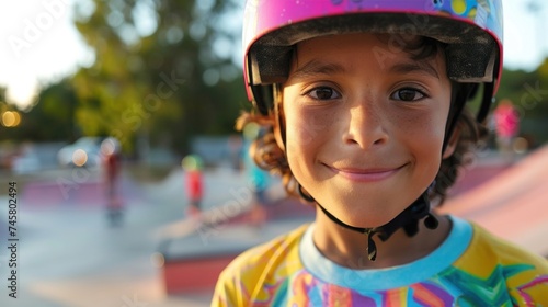 Young skateboarder with a pink helmet smiling at the camera ata skate park with blurred background.