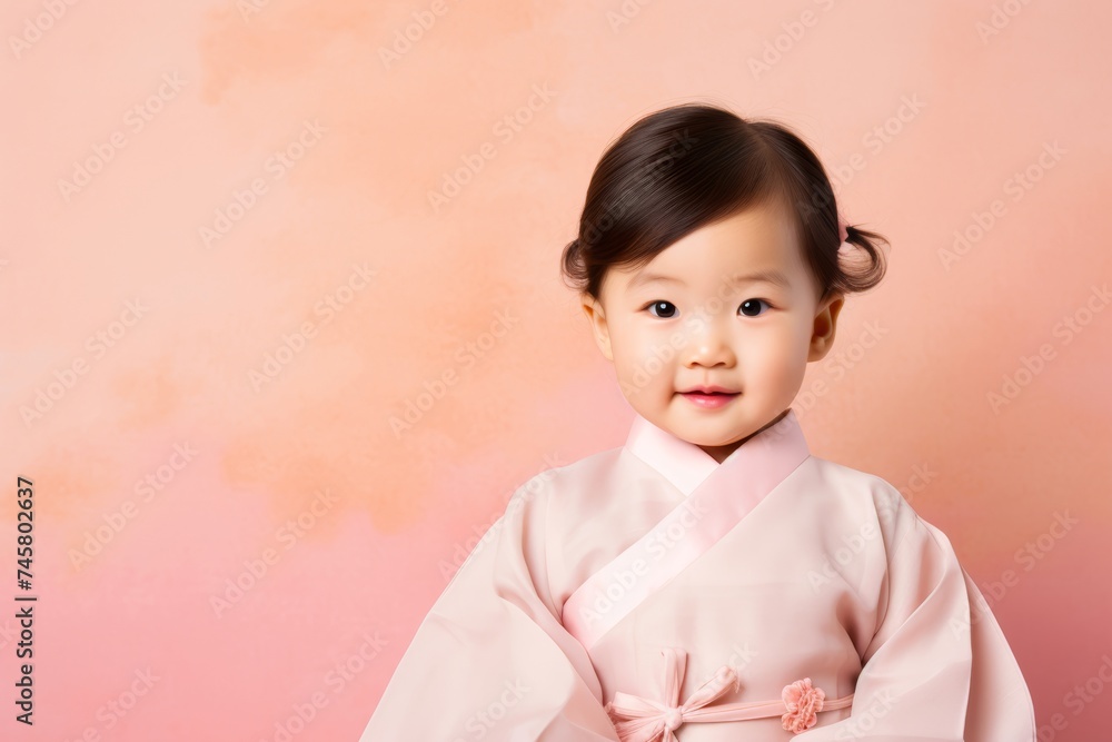 Korean toddler girl in hanbok against a gentle pink pastel solid background, copy space Korean toddler girl in hanbok against a gentle pink pastel solid background, copy space