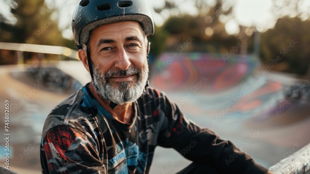 A bearded man with a helmet smiling at the camera sitting at a skate park with colorful ramps in the background. A bearded man with a helmet smiling at the camera sitting at a skate park with colorful ramps in the background.