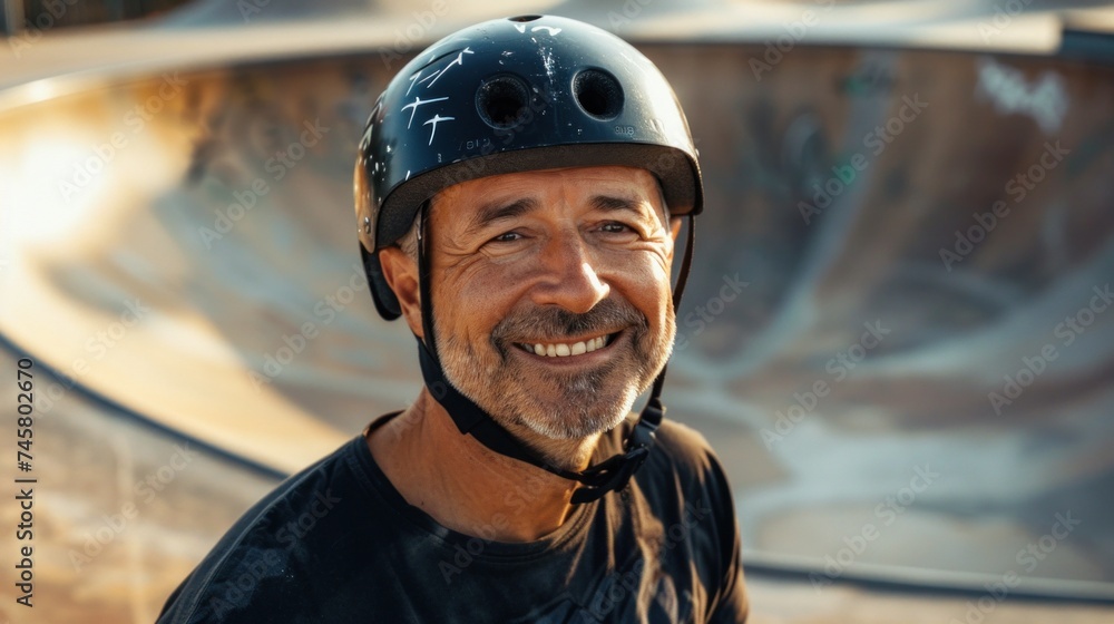 Smiling man wearing black helmet with holes standing at skate park. Smiling man wearing black helmet with holes standing at skate park.