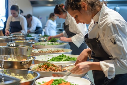 A chef is preparing food at the cook school  in the style of extravagant table settings  medicalcore  fluid and organic  motion blur panorama.