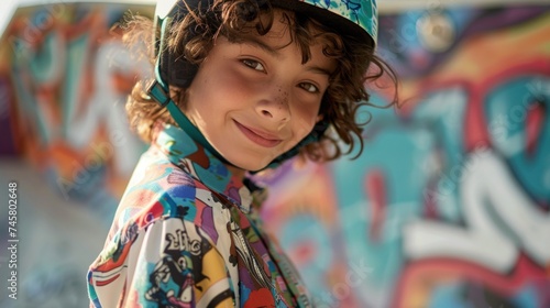 Young child with curly hair wearing a colorful helmet and a vibrant patterned shirt smiling at the camera set against a backdrop of colorful graffiti.